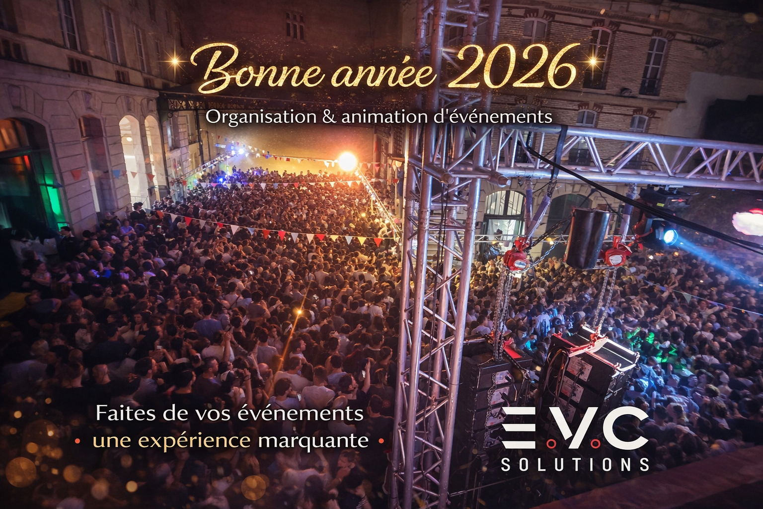 A large crowd gathered at an event, celebrating New Year's 2026. Colorful lights and decorations create a festive atmosphere, with a large banner wishing Happy New Year and promoting event organization services.